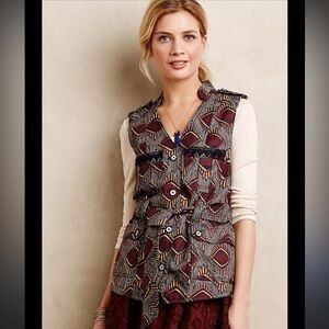 Anthropologie Elevenses Brown & Blue geometric quilted vest w/ Belt M $138